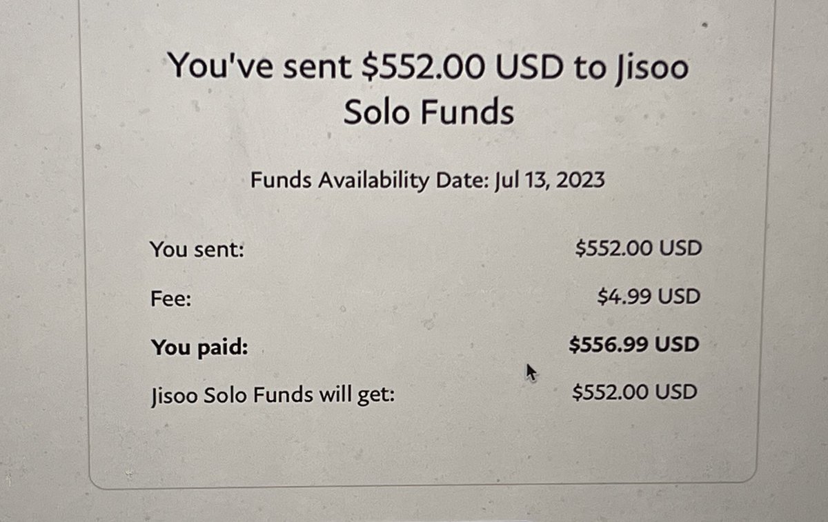 This is to confirm that we have excess funds that was transferred to Team FKJ today with the amount of $551.29. We no longer hold any iTunes fund. 

Thank you for trusting our team. It was a fun &amp; humbling experience for us to work with you <a href="/ForeverKimJisoo/">FOREVER KIM JISOO</a>. Thank you again!🤍