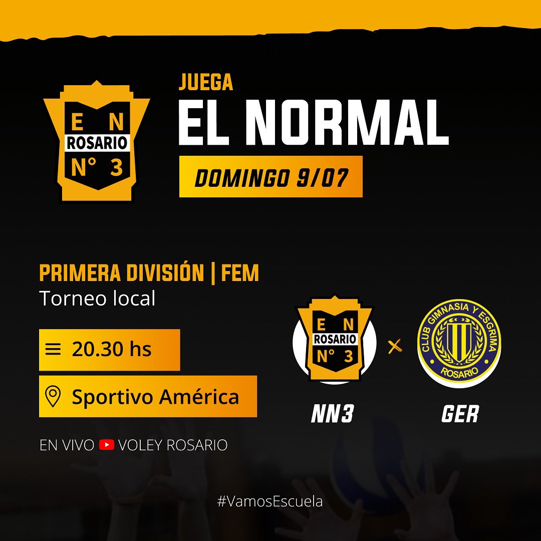 Normal3Voley's tweet photo. En esta oportunidad la primera femenina se mide ante Gimnasia y Esgrima de Rosario

🏟️ Sportivo América 
🕥 20:30 hs
🗓️ Domingo 9/07

¡Te esperamos para alentar a la escuela! 💛🖤 https://t.co/gF661JpnKt