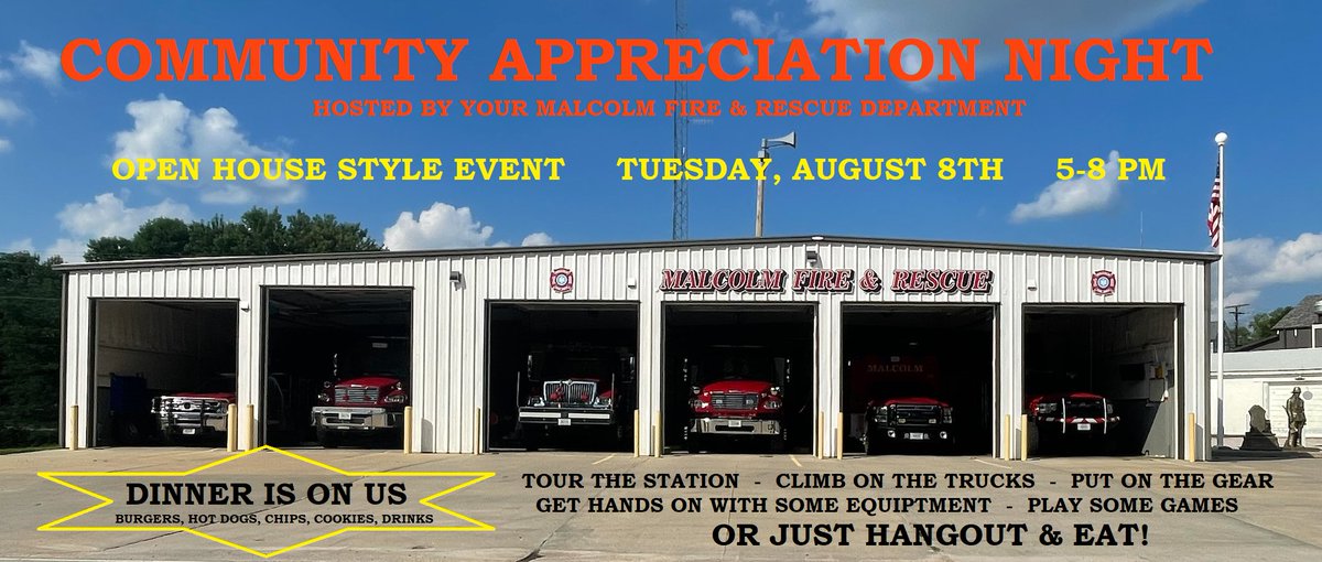 On Tuesday,Aug 8th,from 5-8PM,we are hosting a Community Appreciation Night!

We will be cooking hotdogs &amp; hamburgers, served w/ chips &amp; cookies! 

Tour the station, climb on the trucks,try on the gear,get hands on,maybe play some games,OR, simply hang out &amp; eat.

 See you there!