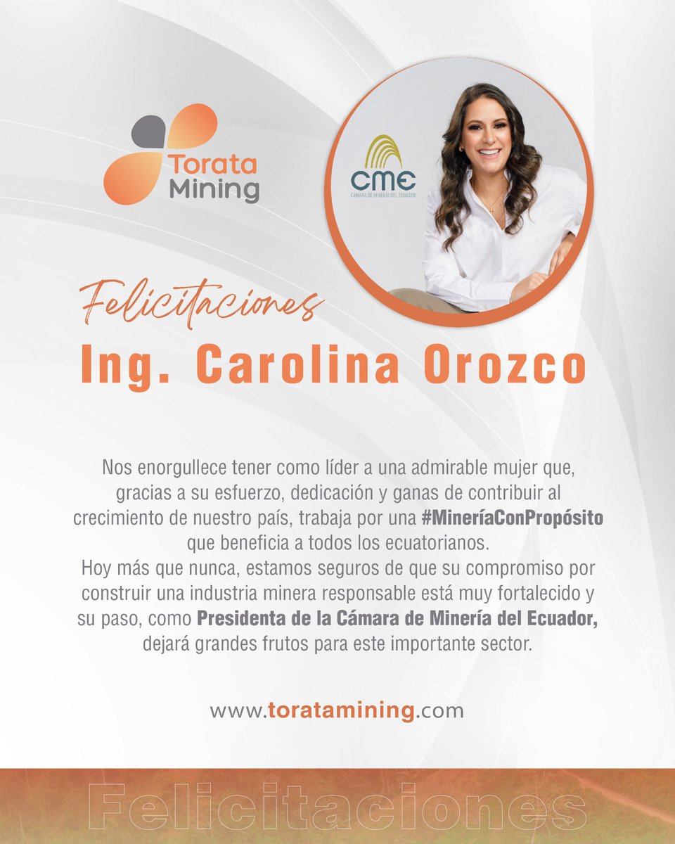 Con mucho orgullo, compartimos que, #CarolinaOrozcoEc, nuestra Country Manager, es la nueva Presidenta de la Cámara de Minería del Ecuador. Estamos seguros del gran papel que desempeñará en este cargo y el importante avance que generará en el #SectorMinero.
