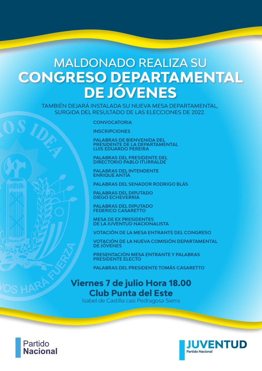 MLaventureO's tweet photo. La Juventud del @PNACIONAL realiza su Congreso Departamental en #PuntadelEste
Acompañan autoridades nacionales y departamentales.
#haypresente #hayfuturo 💪🇺🇾 https://t.co/evbTscN54V