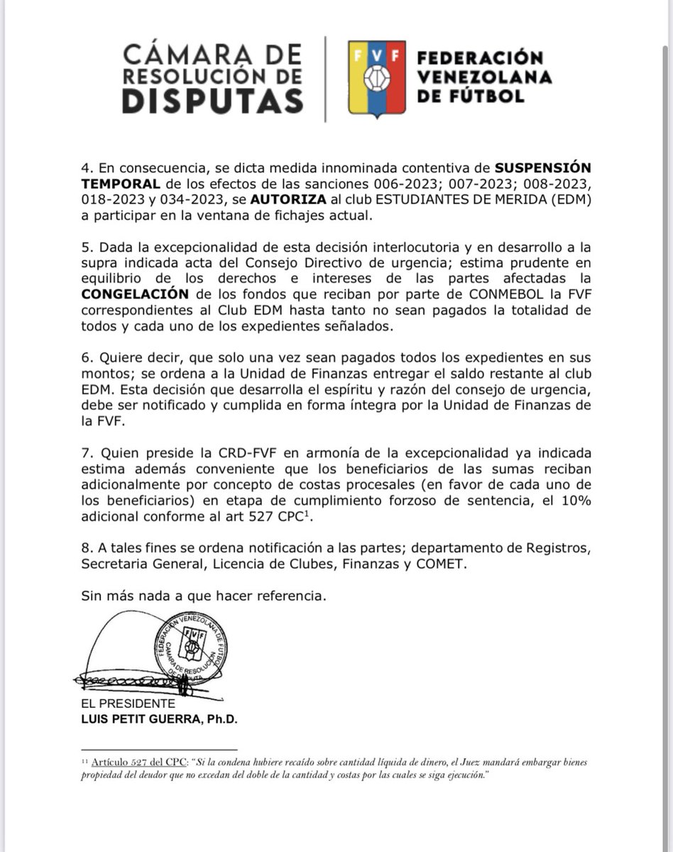 raulcarre's tweet photo. En nombre de la familia @EstudiantesMEFC agradecer todo el esfuerzo de la @fvf  por medio de la Camara de Resolución de Disputas y  a la @AUFPVenezuela Asociación Única de Futbolistas Profesionales de Venezuela de permitir a nuestro club poder fichar en esta ventana previos acuerdos y compromisos. 

Gracias especiales por su paciencia y comprensión a los siguientes jugadores y DT.

Daniel Linarez
José Manríquez
Jesus Meza:
Martin Brignani

Nota y compromiso importante:

Antes del 31 julio 2023 Estudiantes de Merida FC honrará los compromisos.