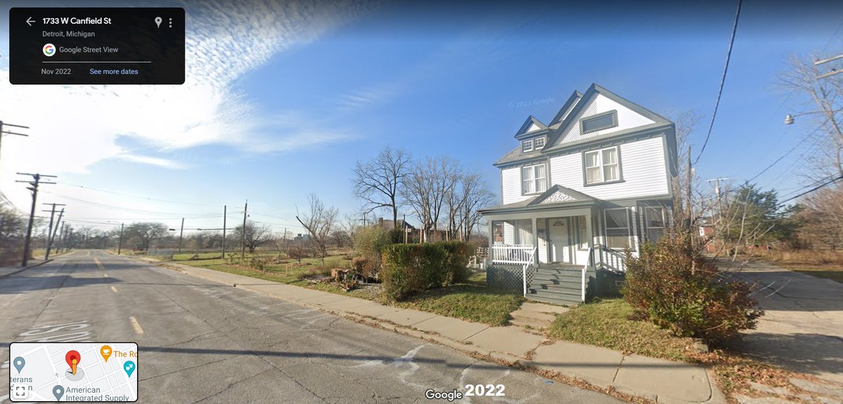 #Detroit, W Canfield, 1976-2022. This once dense block runs between Trumbull &amp; 12th. The house at the far right, partially cut off in the '76 view, still stands. However the 1903 home with the turreted corner, and its neighbor at left, were torn down in the late 20th century.