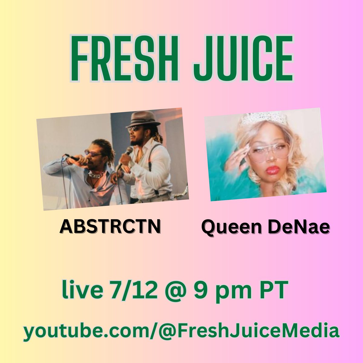 FreshJuiceMedia's tweet photo. We have no idea what's going to go down with @_abstrctn_ back on Fresh Juice and we're also chatting with Southern Soul singer and author @lisa_denae from Houston!
Click the link in bio to watch & listen live
#ABSTRCTN #QueenDeNae #FreshJuice https://t.co/s3l6IEEKyq