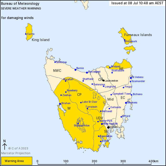 TAS Severe Weather Warning: Damaging Winds. Currie, Whitemark, Strahan, Queenstown, New Norfolk, Bothwell, Geeveston, Dover and Huonville. #severeweather #ewnalerts #ewn #alert #severewx #TAS #taswx bit.ly/3PN2HFD