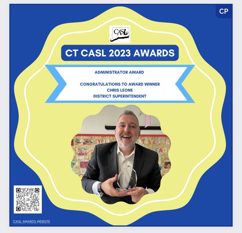 ctcasl's tweet photo. Congratulations to @ctcasl 2023 Administrator Award winner #ChrisLeone for supporting & improving media services! @aasl #ctlibraries @MsThomBookitis @technojohnson @jluss @ljbh35 @valdilorenzo @JohnReadLibrary @AGoodLibrarian @KateMCandido @WamogoLibrary https://t.co/fCGQuzT5HS