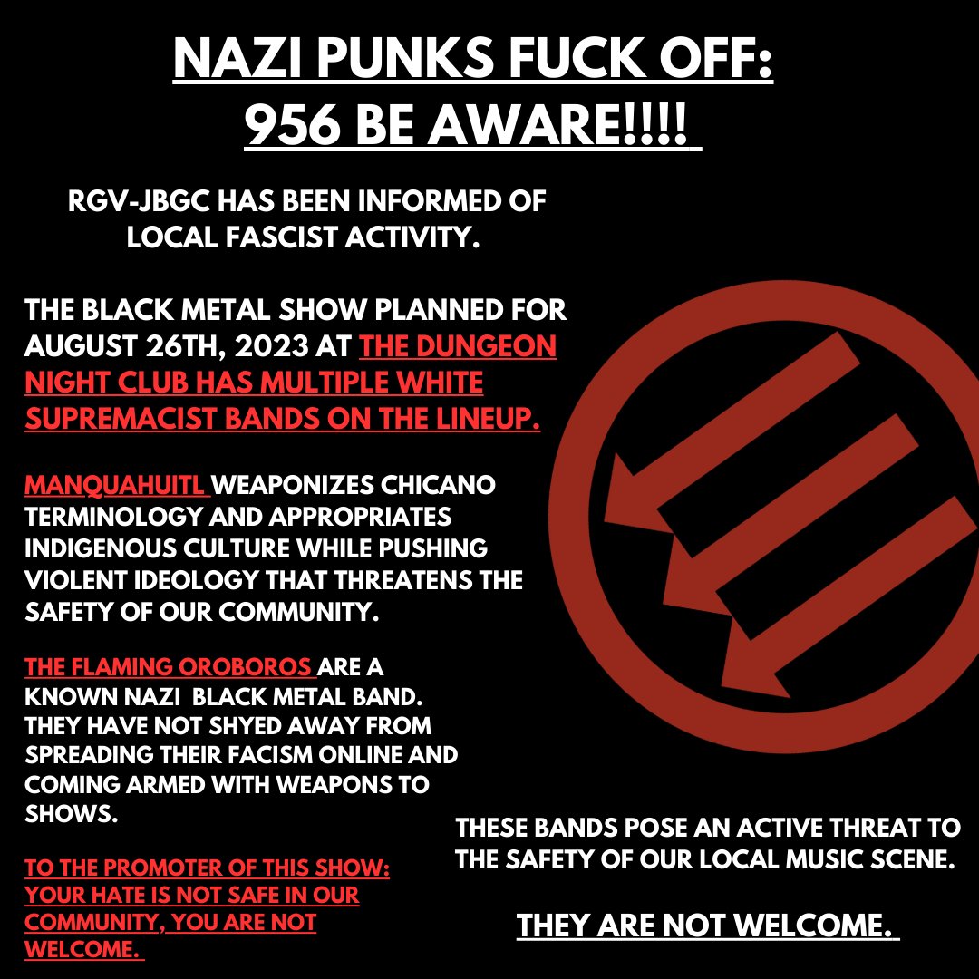 🚨ALERTA🚨 We've received info from the community that the Dungeon Night Club in McAllen TX is hosting a lineup of neo-n@zis.
We're giving them 14 DAYS to drop them or we protest. 1/3🧵