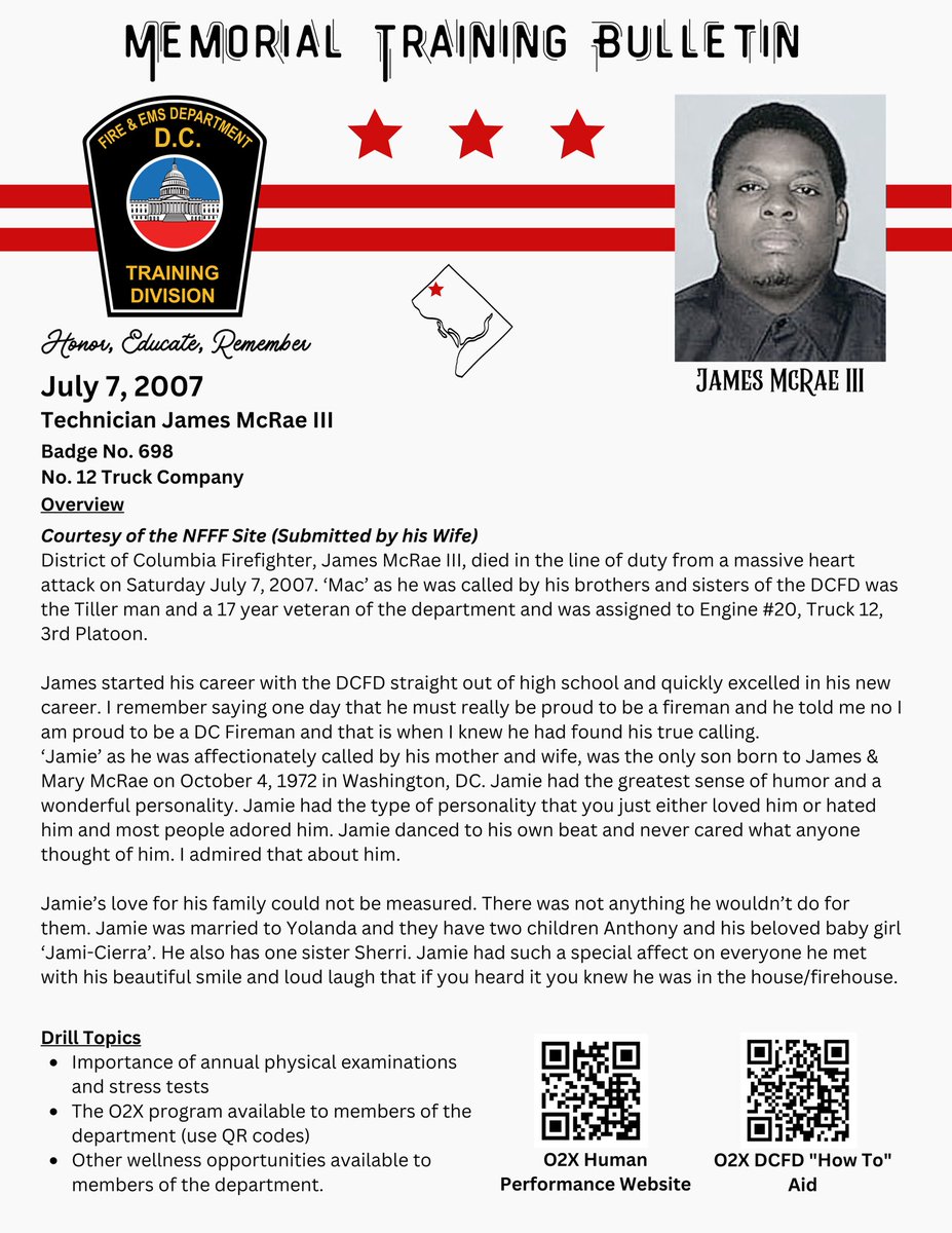 DCFDKelleher's tweet photo. Memorial Training Bulletin - Technician James McRae III (07-07-2007) @dcfireems #DCFD @NFFF_News #DCFDHistory #LODD https://t.co/9MiWkhJUiu