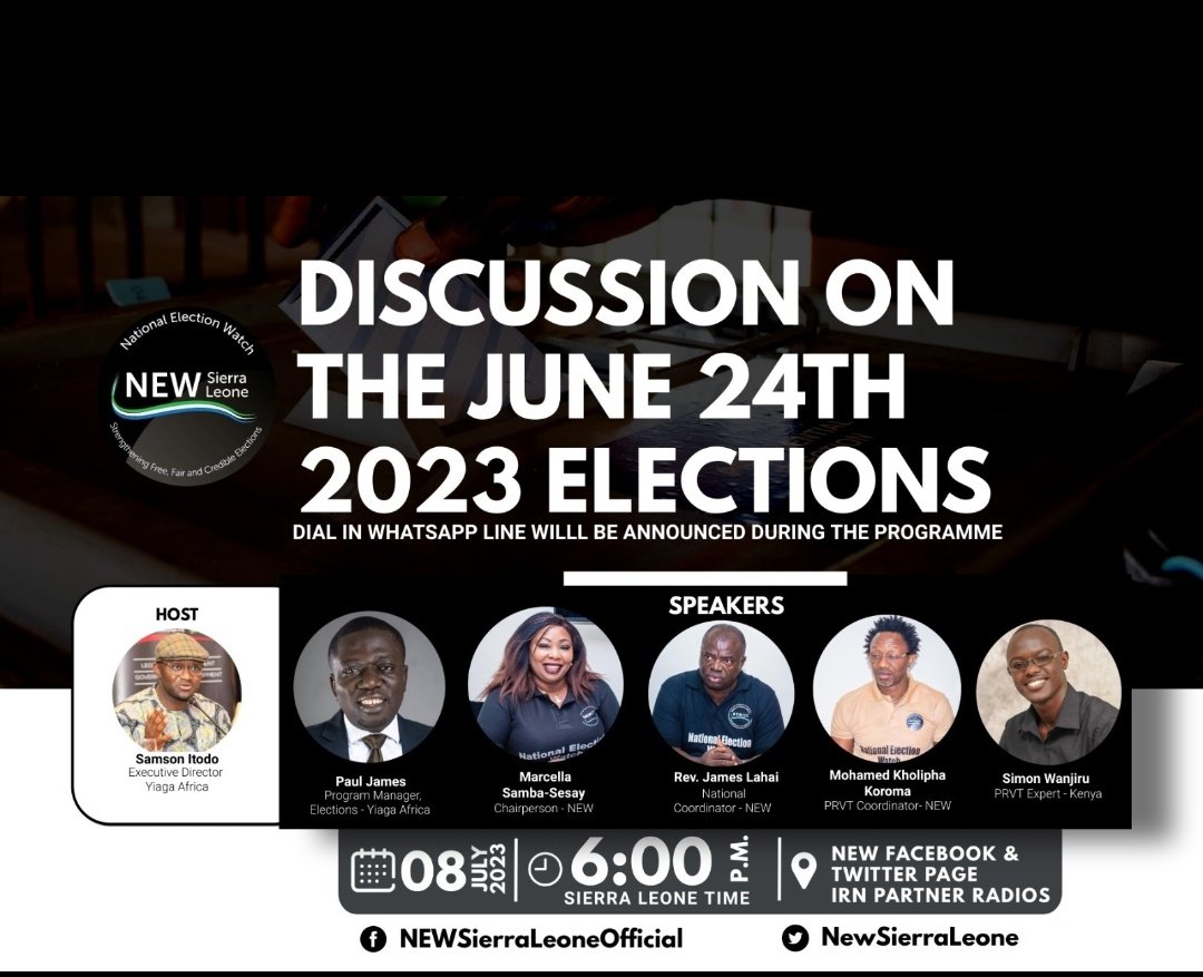 Today, 8 July 23, @NewSierraLeone - @cellasey & other prominent speakers will discuss the 🇸🇱 June 24th, 2023 Elections. Hosted by @DSamsonItodo of @YIAGA. Democracy can't die while we are watchful. 6️⃣ PM. There will be an opportunity for questions. @SecBlinken @SenateForeign