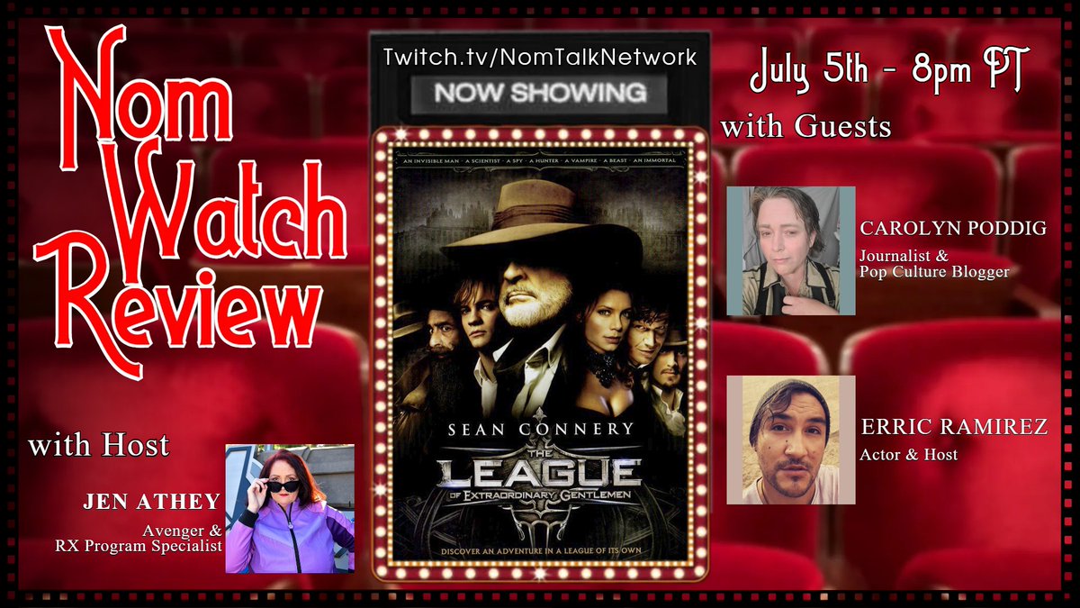NomTalkNetwork's tweet photo. We are back once again to talk about Supers, but not the ones you may think.

TONIGHT, we talk about "The League of Extraordinary Gentlemen," starring Sean Connery, Stuart Townsend &amp; Shane West!

Join @AsPeggyDoes @csprings1 &amp; @CarolyninFandom
LIVE on Twitch 8pm PST! https://t.co/JSXZ74H18q