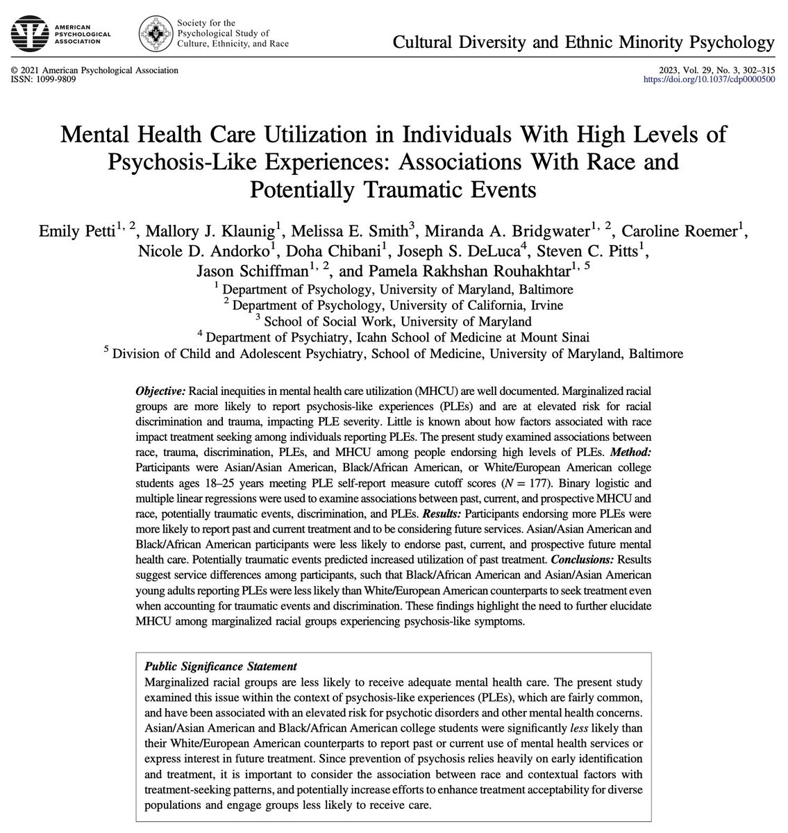 <a href="/Emily_Petti/">Emily Petti</a> and others examine associations between race, trauma, discrimination, psychosis-like experiences (PLEs), and mental health care utilization among people endorsing high levels of PLEs <a href="/APA_Journals/">APA Journals</a>