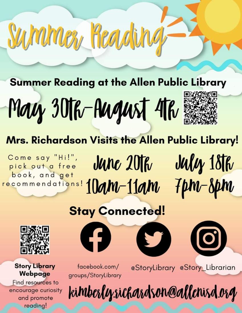 StoryPTA's tweet photo. Story families, come out to the library on July 18th and visit with our own Mrs. Richardson! https://t.co/qXy8x3MjkH