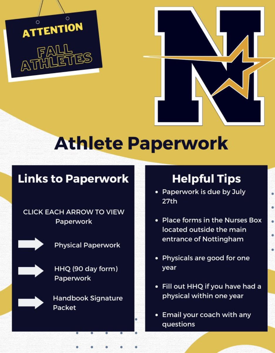 ⅅᎯᏇℕ ᏇℋℐᏆℰ (@mrsdawnwhitenhs) on Twitter photo Follow Athletic Director, Coach Mull, for up to date athletic information, game schedules and NORTHSTAR NATION sports pics! Follow on Twitter and IG <a href="/starathleticsad/">Nottingham Athletics</a> LINKS TO PAPERWORK ARE SCHOOL EMAIL OR IN COACHES GOOGLE CLASSROOM! Follow Athletic Director, Coach Mull, for up to date athletic information, game schedules and NORTHSTAR NATION sports pics! Follow on Twitter and IG <a href="/starathleticsad/">Nottingham Athletics</a> LINKS TO PAPERWORK ARE SCHOOL EMAIL OR IN COACHES GOOGLE CLASSROOM!