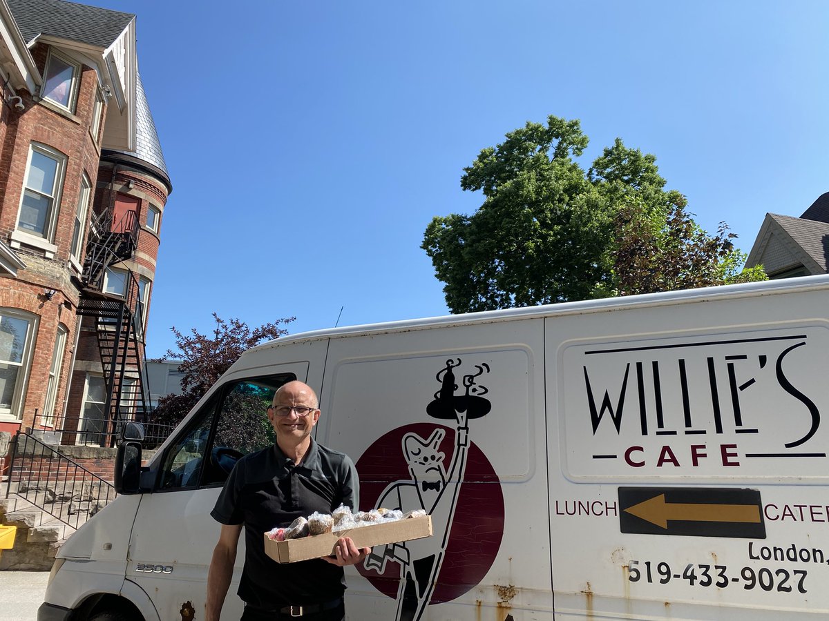 Ian, owner of <a href="/willies_cafe/">Willie's Cafe</a> stopped by with some goodies for us today. Ian is a longtime friend, supporter &amp; volunteer —there was both cheering and applause when he arrived! Thank you Ian &amp; team.  #ldnont <a href="/cmha_tv/">CMHA TVAMHS</a>