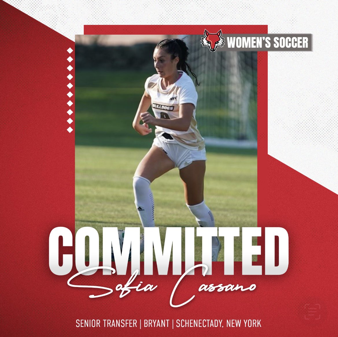 MaristWSoccer's tweet photo. Excited to officially welcome  Senior Transfer Sofia Cassano from Schenectady, New York to the 2023 Red Fox Family! Sofia comes to Marist after spending the most of her career at Bryant University. Welcome to the family Sofia! #PridePreparationLove ❤️ https://t.co/7K1C4Z9CHo