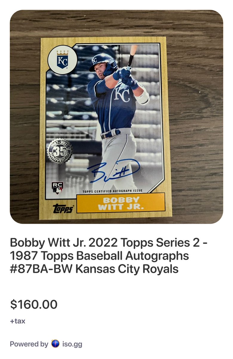 CardsKevin's tweet photo. Bobby Witt Jr. 2022 Topps Series 2 - 1987 Topps Baseball Autographs #87BA-BW Kansas City Royals #mbb 10311: Follow and reply with #mbb to claim and purchase! @midwestboxbreak @WatchTheBreaks https://t.co/noSQLREWBr