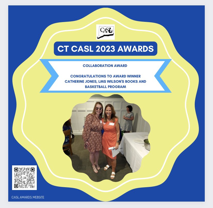 Congratulations to @ctcasl 2023 Collaboration Award winner #CathyJones for the Wilson’s Books & Basketball Program. @aasl #ctlibraries @MsThomBookitis @jluss @ljbh35 @valdilorenzo @JohnReadLibrary @AGoodLibrarian @KateMCandido