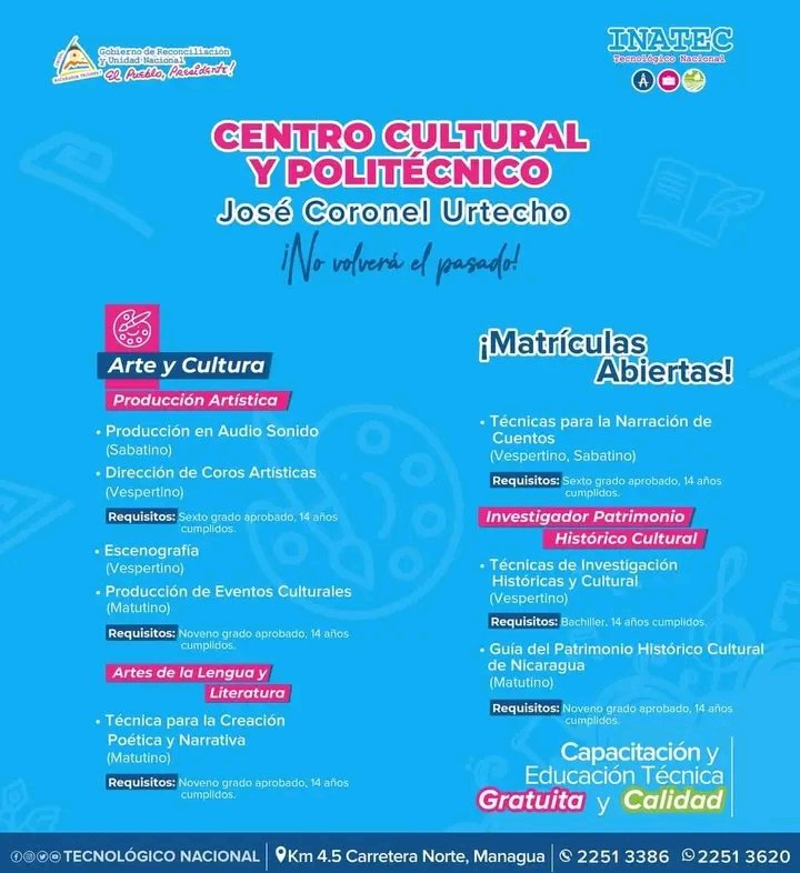 La educación se está revolucionando en el <a href="/coronelurtecho/">Centro Cultural y Politécnico José Coronel Urtecho</a> y tu puedes estudiar tu carrera o curso de tu preferencia totalmente gratis.
#SoyTecNicaragua 
#UnidosEnVictorias 
@Mendoza92037Are <a href="/Atego16/">@🅰🆃🅴🅶🅾 🇳🇮</a>
