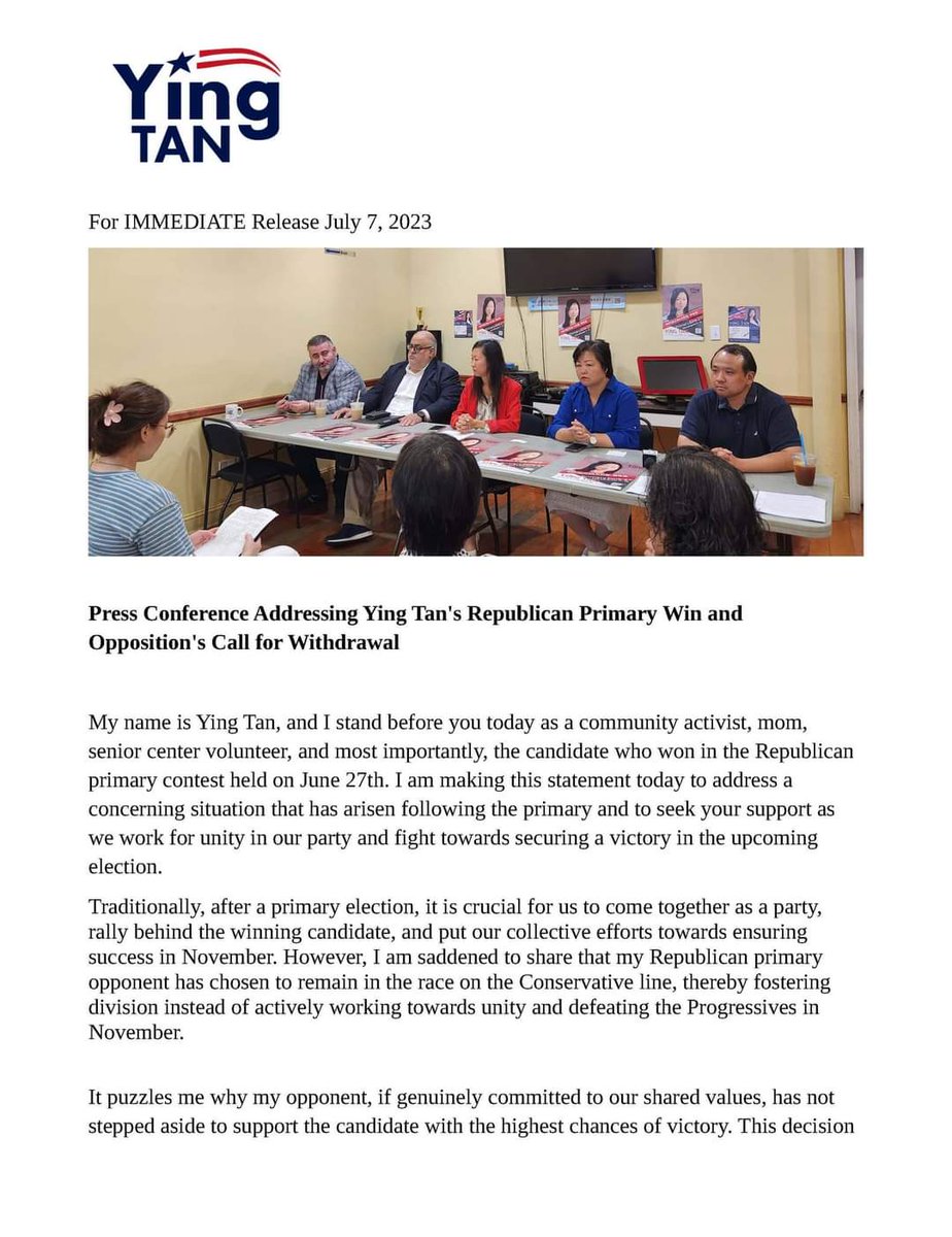YingTanForNY's tweet photo. My official statement regarding my victory in the Republican primary and the challenges that lie ahead. https://t.co/SQB7JZbky1