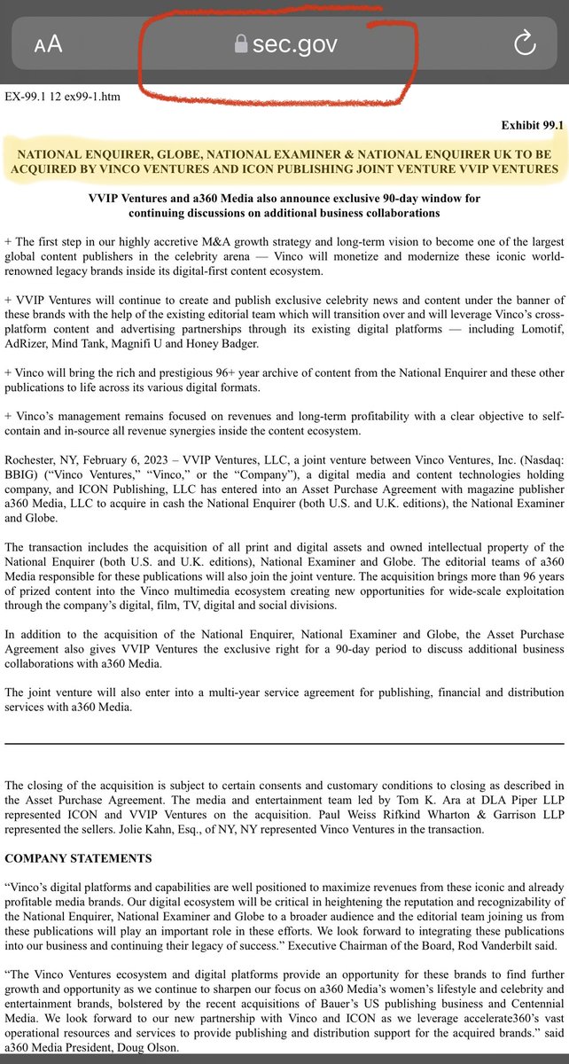 BrutalBrittany2's tweet image. So why did they tell $Bbig shareholders and the @SECGov that they were endeavoring to aquire the National Enquirer assets— if it’s a “silly” “woo-woo” crazy conspiracy theory? 
Enquirering Minds Want To Know.