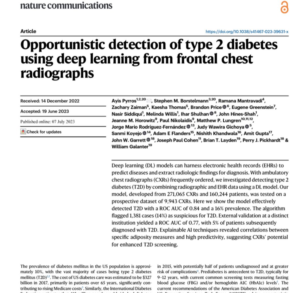 Matthew Lungren MD MPH (@mattlungrenmd) on Twitter photo Thrilled to share the latest opportunistic screening work led by the brilliant <a href="/AyisPyrros/">Ayis Pyrros, MD</a> for early type 2 diabetes diagnosis from routine chest x-rays.
This work is yet another computer vision model that demonstrates the untapped potential for population level screening with Thrilled to share the latest opportunistic screening work led by the brilliant <a href="/AyisPyrros/">Ayis Pyrros, MD</a> for early type 2 diabetes diagnosis from routine chest x-rays.
This work is yet another computer vision model that demonstrates the untapped potential for population level screening with