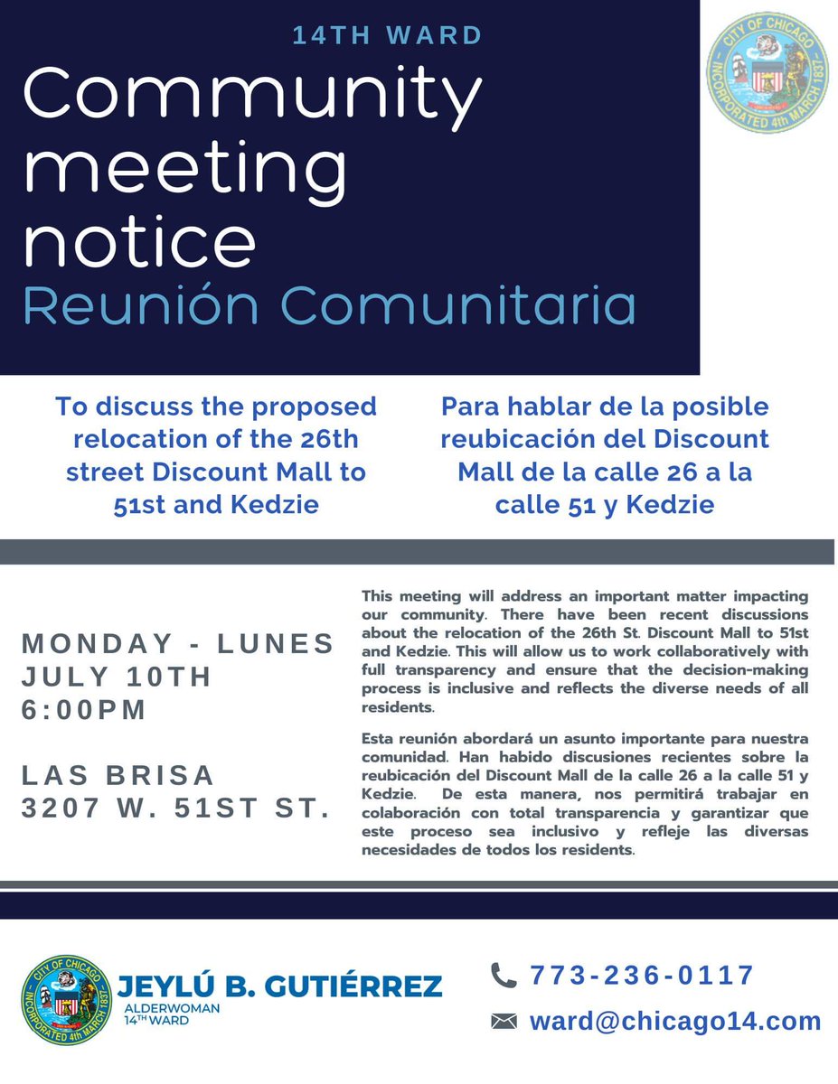 Join us for a community meeting on Monday to discuss the proposed relocation of the Discount Mall.
---
Acompáñenos a la reunión comunitaria el Lunes para platicar sobre la reubicación del Discount Mall.