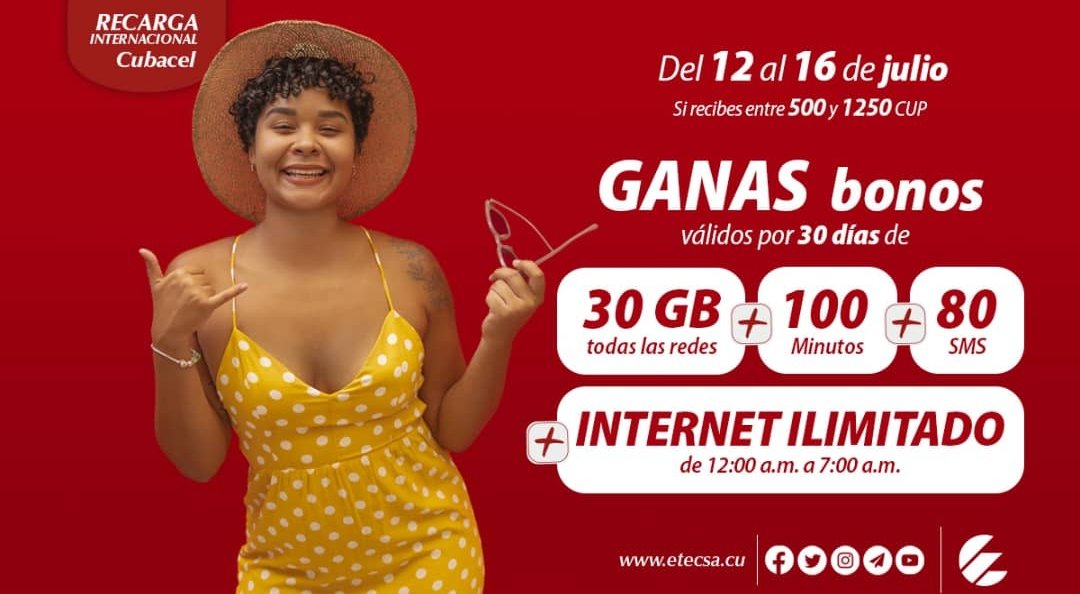 Del 🗓 12 al 16 de julio, promoción de #RecargaInternacional.
Si recibes 📲 entre 500 y 1250 CUP, ganas bonos, válidos por 30 días de:
👉🏼 30GB (todas las redes) + 100 Min + 80 SMS + internet ILIMITADO de 12:00 a.m. a 7:00 a.m.

Disponible también a través de la 💰Bolsa MiTransfer