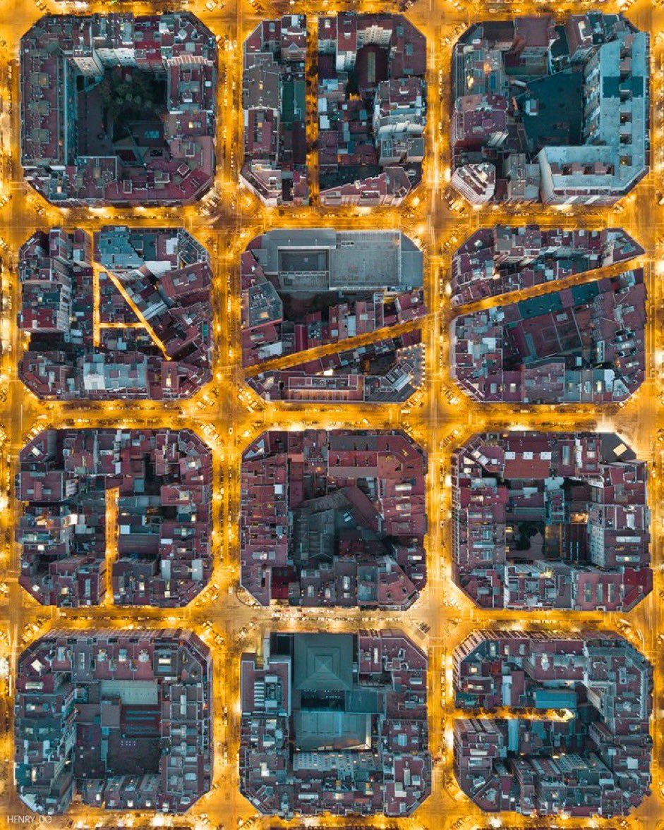 If you’re obsessed with iconic urban patterns like I am, you’re probably obsessed with Cerdà's plan for Barcelona’s dense Eixample with chamfered corners, like I am. Just discovered <a href="/henry_do/">Henry Do</a>’s gorgeous night shots from the sky. I’ll be back speaking in Spain later this year.