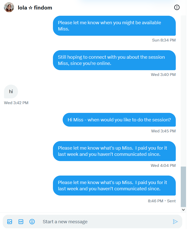 Cue92552829's tweet photo. @luminouslola took payment for a skype session but stopped responding and never provided it, no communication after being given over a week.
scam scammer https://t.co/xiLQwKIzvf
