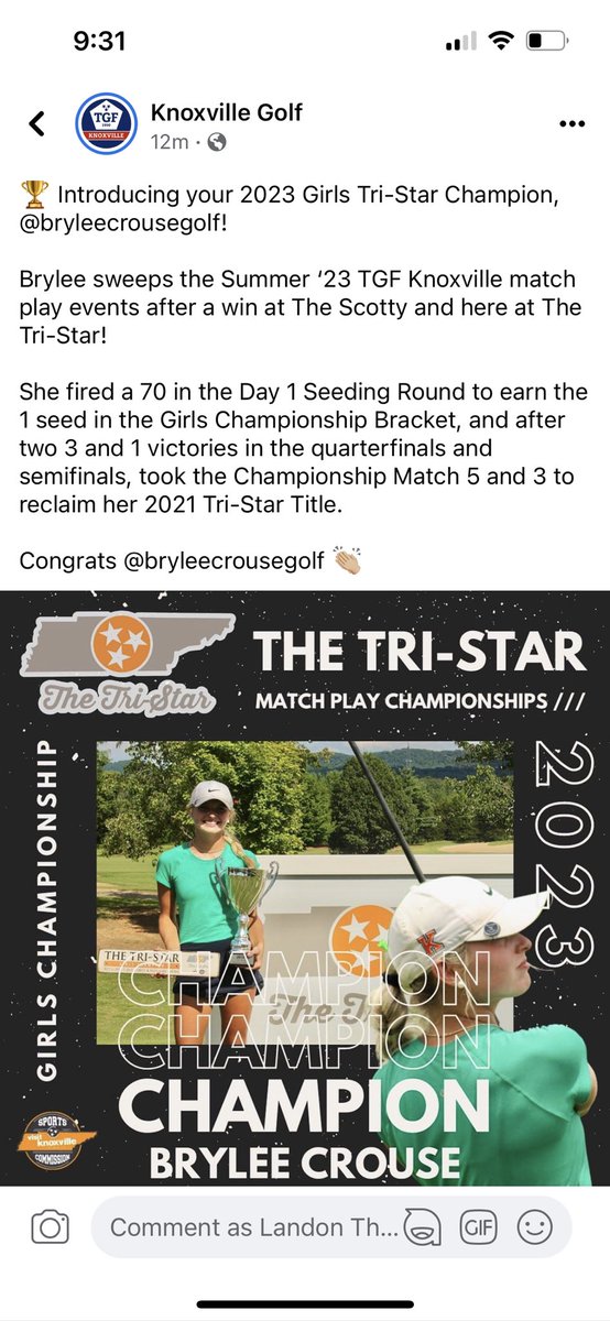 Congrats Brylee! 2021 &amp; now 2023 Tri star match play champion!!