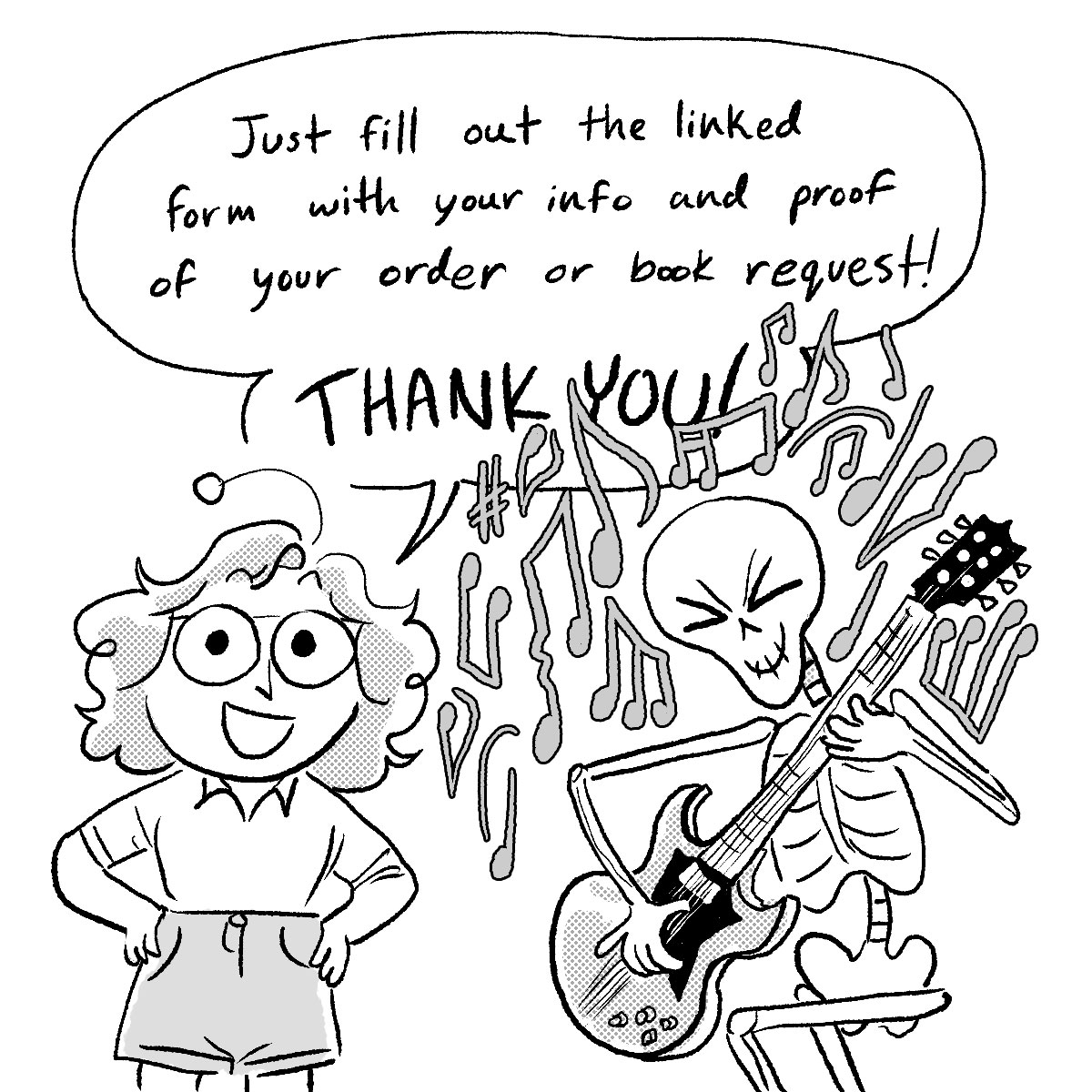 My first graphic novel, Skeleanor the Decomposer, comes out in a MONTH!!! I'm running a small pre-order campaign. If you order a copy or request one from your local library and fill out the linked form, I'll mail you a bookmark and two bookplates! Link below 💀🎻🌈