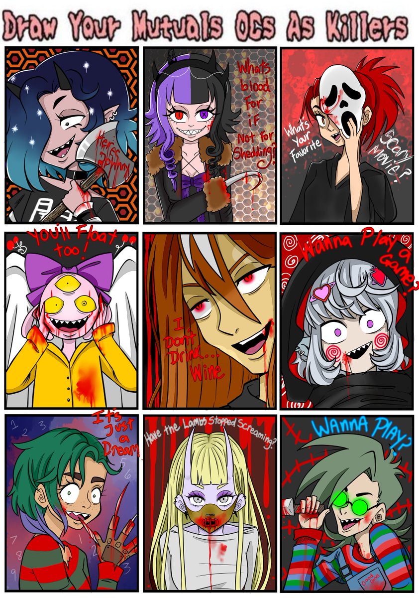 x_AshesandGhost's tweet photo. THIS TOOK ME SO LONG TO DO LOL;;;;; but had a lot of fun. Thanks for lettin' me bloody up your ocs'!! :3 Can you name the horror movies/killers? 

(Solo panels in comments~) https://t.co/26FjODrqWX