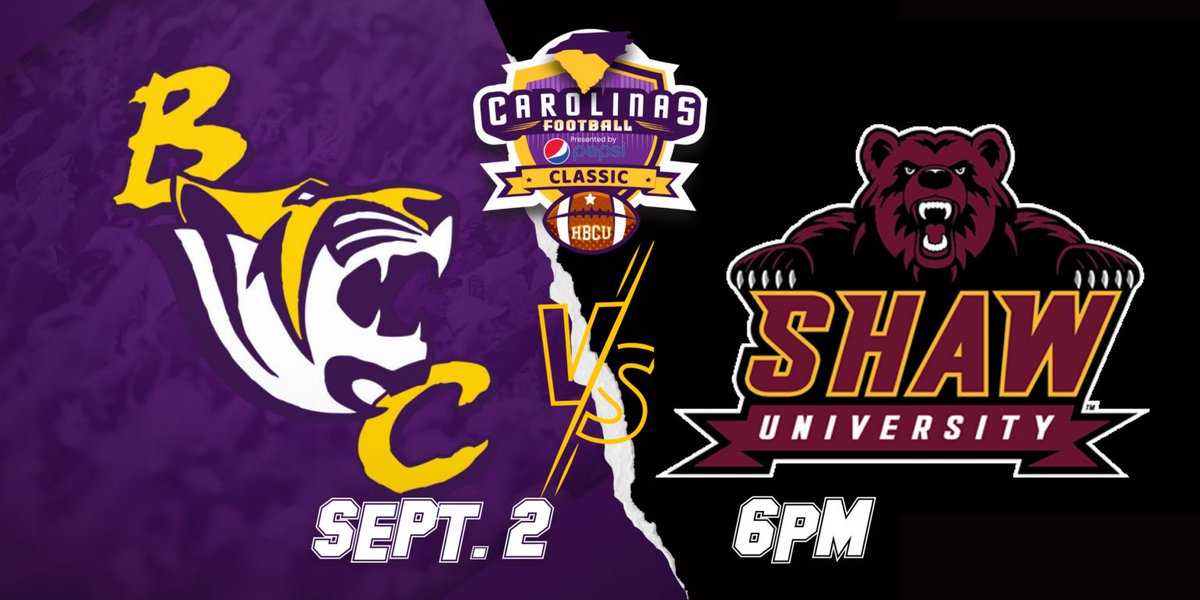 maccexclusives2's tweet photo. Carolinas Classic: 
Benedict College Tigers vs. 
Shaw University Bears
September 2 |  6pm  | Columbia, SC https://t.co/5d9oCTivV1