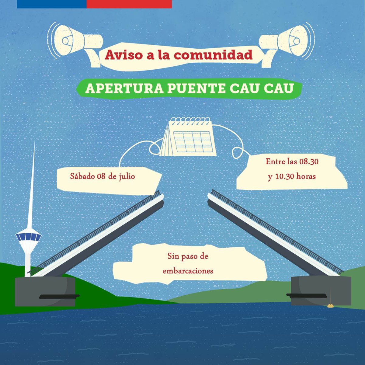 MOPdeLosRios's tweet photo. 👷🏼‍♂️🌉🛑 Recuerda! Mañana sábado 8 de julio la Dirección de #VialidadMOP de @MOPdeLosRios realiza apertura abreviada puente #CauCau de #Valdiviacl en marco proyecto de solución definitiva del viaducto basculante. Tránsito se interrumpe entre las 8.30 y 10.30 hrs #MOPInforma 🚗🚕🚴‍♂️ https://t.co/TBybyWD2c8