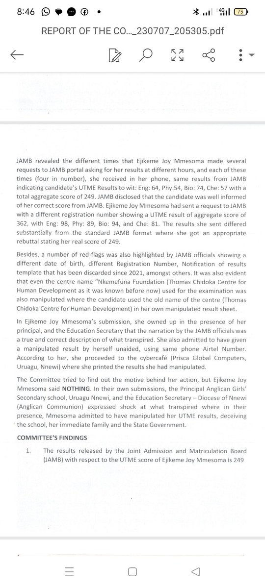 UchePOkoye's tweet photo. Just In: The Committee set up by the Anambra state governor, Prof. Charles Soludo to investigate the circumstances surrounding the alleged forgery of a JAMB result by Mmesoma Joy Ejikeme has indicted the suspect of manipulating her examination score result. https://t.co/17hML2blLa