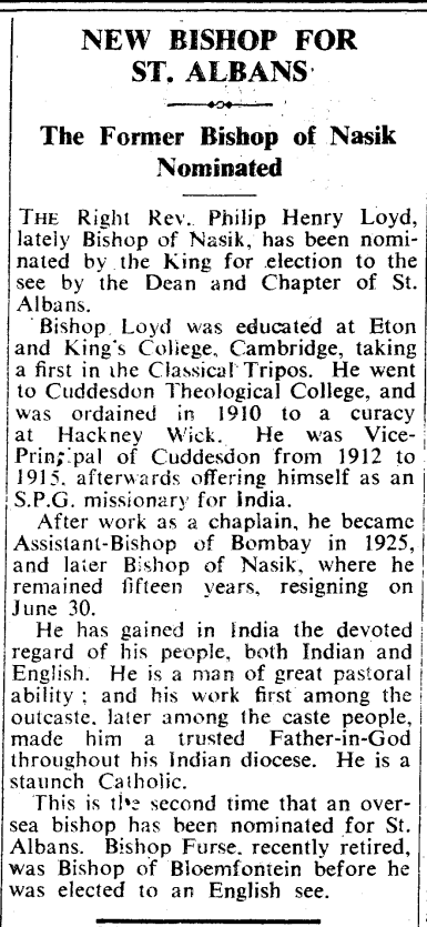 AustAnglican's tweet photo. 8 July 1884: birth of Philip Henry Loyd, an Assistant Bishop in Bombay 1925-1929, then first Bishop of Nasik 1929-1944. The 55th C of E bishop in India; returned to UK as Bishop @diostalbans 1944-1950. Obiit 11 January 1952. #anglican #139years https://t.co/2hyP8zb3A8