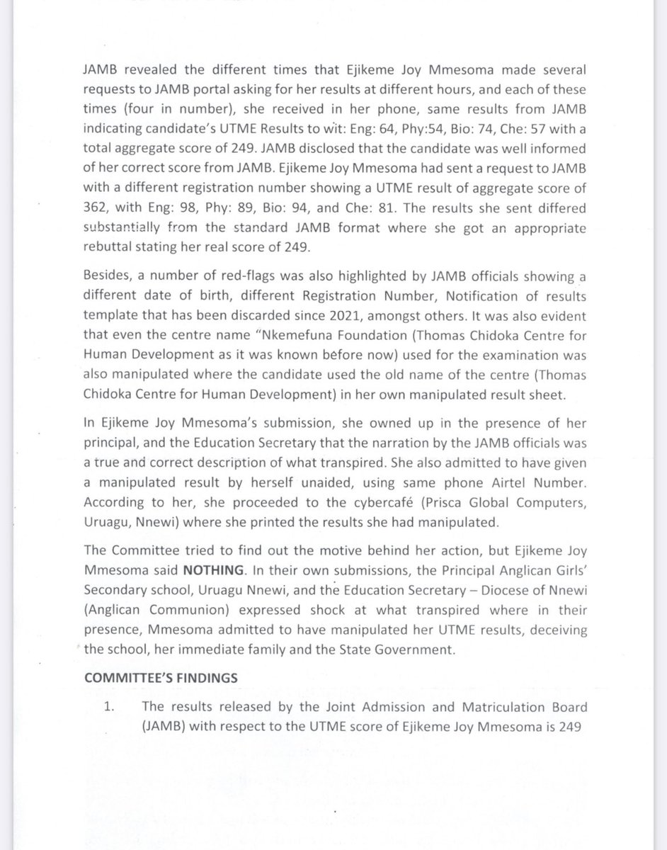 KemPatriot's tweet photo. #PICThread
Report of the Committee set up by Gov @CCSoludo to investigate Mmesoma versus JAMB
#KemKem
My Question: At what point will @obyezeks go and drag Mmesoma to apologize to the whole world for the Nonsense she did ?
Or is Aunty Oby going to un-look ?
An Ex- Education minister who condones bad behavior 🥹
#KemKem