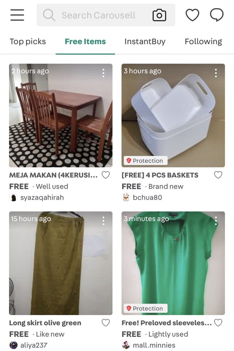 CAROUSELL TIP: Find FREE items near you 😺

How: Select Free Items tab > set distance radius 5, 10 or 25 km away. You can find random stuff, including furniture, books, clothes, homes stuff and more

Happy browsing :) Remember to give as much, or even more than you take