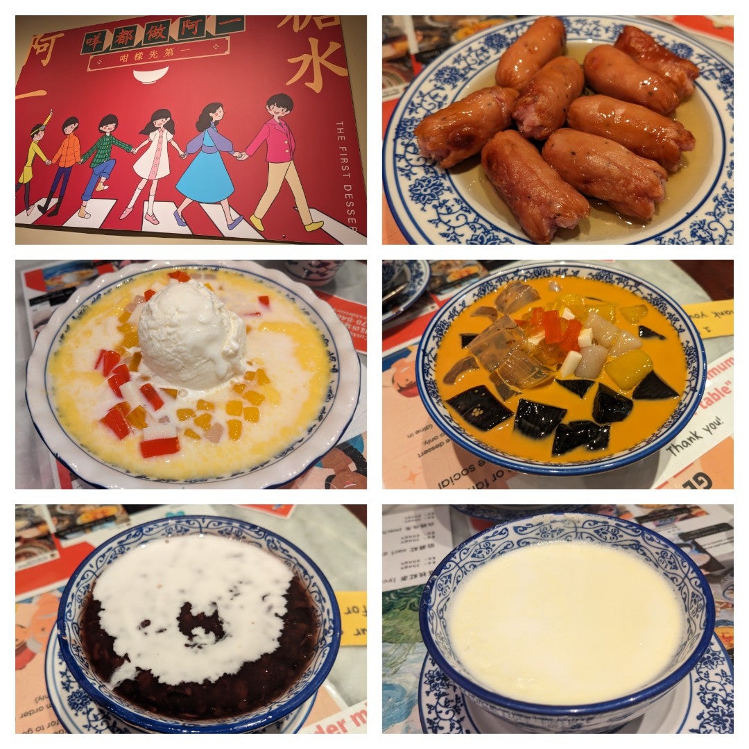 kawayaneh's tweet photo. Sausage w/ honey. Mango w/ mochi &amp; ice cream. Grass jelly, aga aga jelly, taro balls, aloe jelly. Black rice w/ coconut milk. Eggs w/ milk. (@ The First Dessert in Vancouver, British Columbia) https://t.co/mKfdm2TfpL https://t.co/YIuvxn8fv5