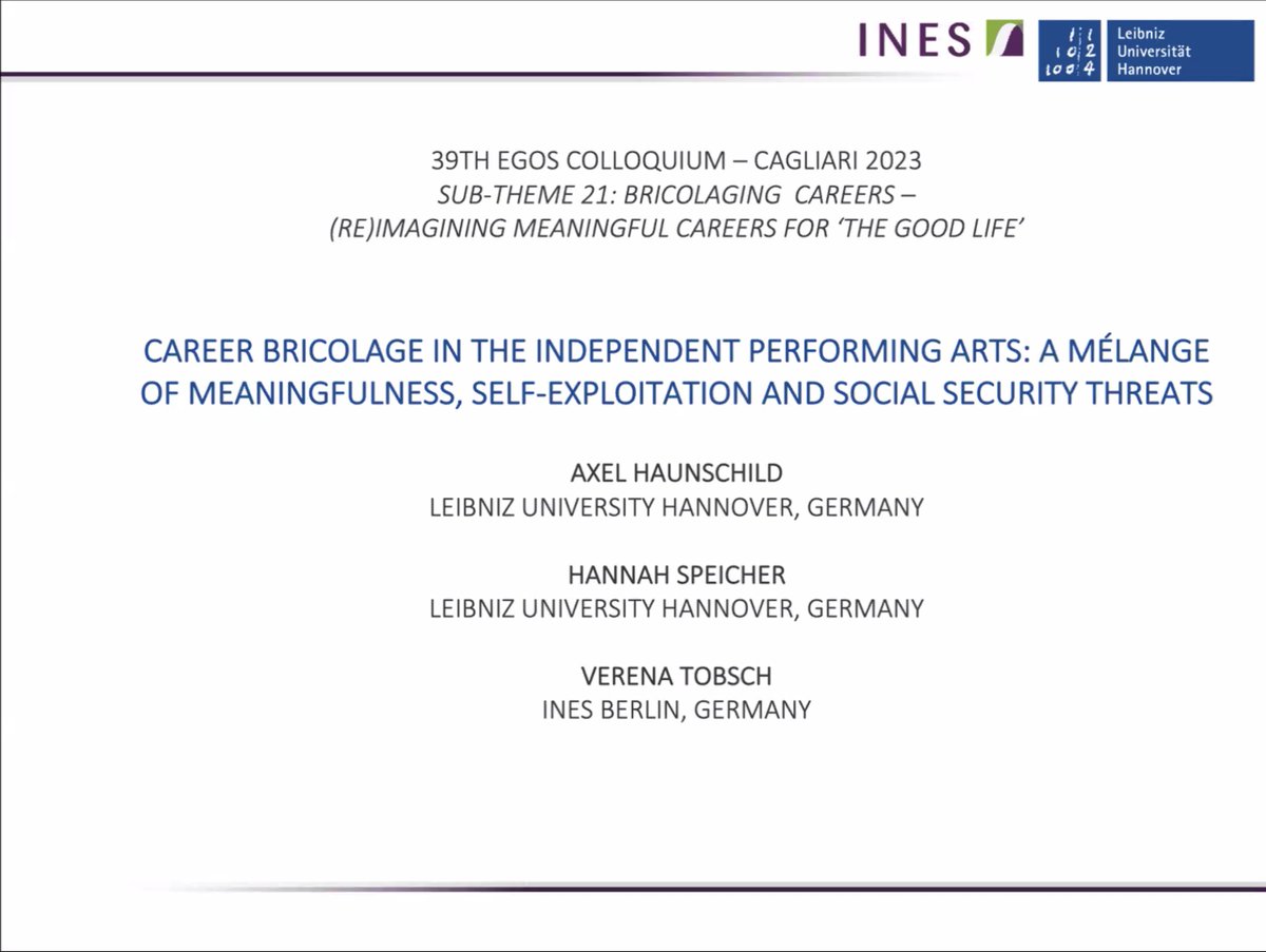 Opening the last day of #EGOS2023 sub-theme 21 is the session on #bricolaging #careers in the #arts. Axel Haunschild and <a href="/speichtweet/">Hannah Speicher</a> talk about their interesting study of independent performing #artists and how excessive career bricolage can lead to self-exploitation.