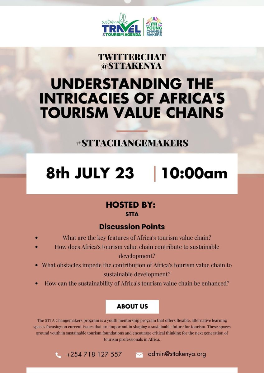 STTAKenya's tweet photo. Despite the handful challenges, there lies a thick line of the potential contribution for Africa's tourism industry to sustainable development. 
Q2 how does Africa's tourism value chain contribute to sustainable development? #sttachangemakers https://t.co/48WbQRL3lR