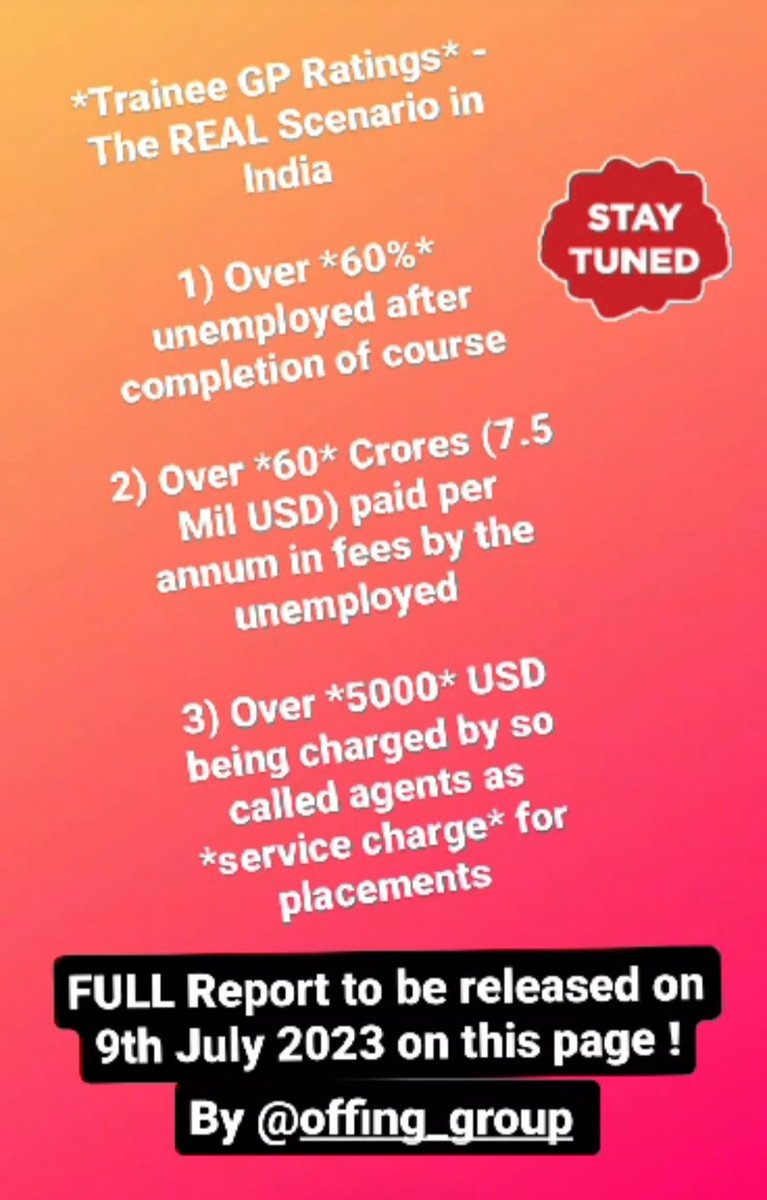 Status of Trainee GP Ratings In India 
Full Report to be released on 09 July 2023 
@dgship_goi 
<a href="/shipmin_india/">Ministry of Ports, Shipping and Waterways</a>