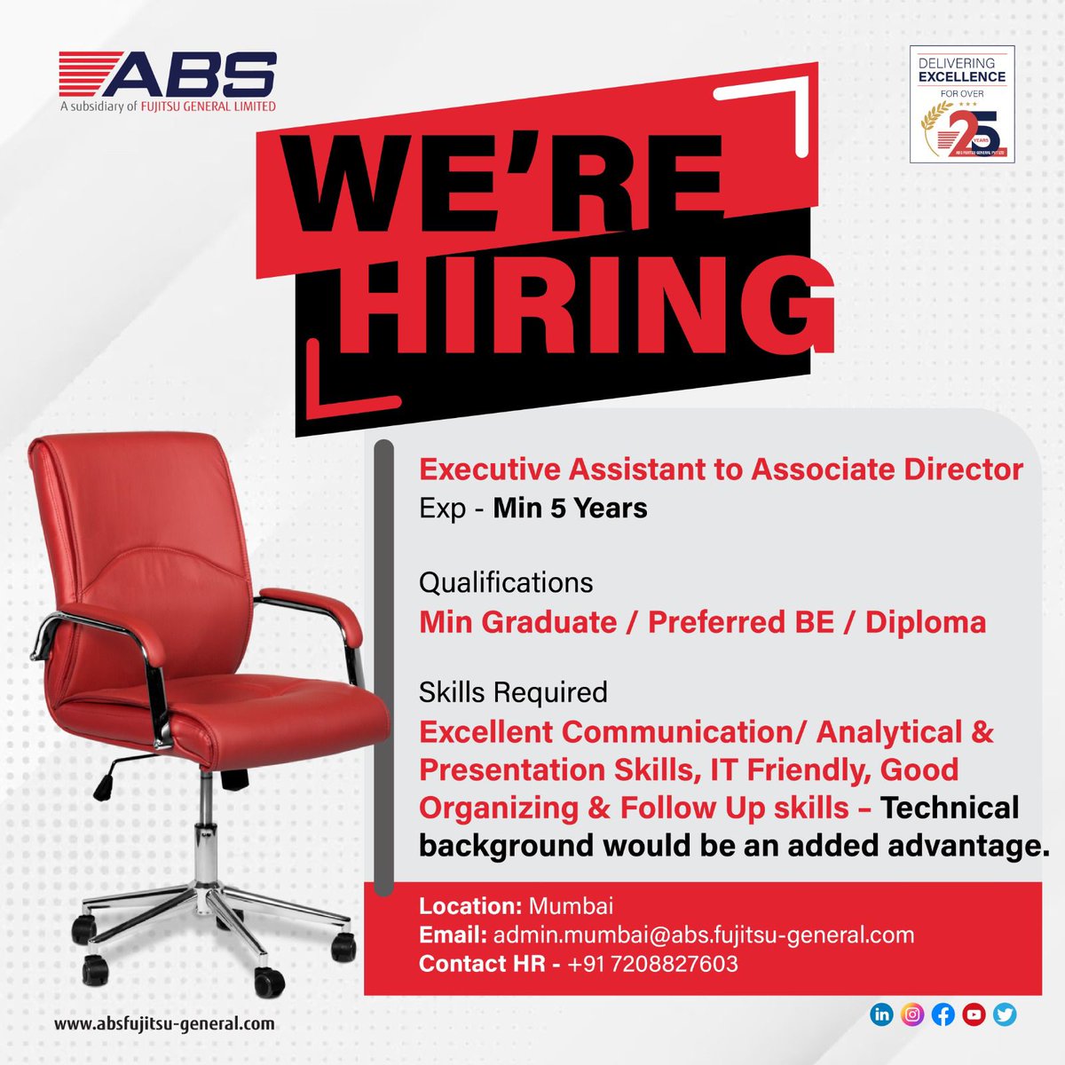 GeneralIncind2's tweet photo. Apply today for Executive Assistant to Associate Director. Explore broader domains and take your career to greater heights. To know more, contact us! Send your resumes to: admin.mumbai@abs.fujitsu-general.com For more details call: +91 7208827603  

#WeAreHiring #hiring #Mumbai https://t.co/HmupHCMuIe