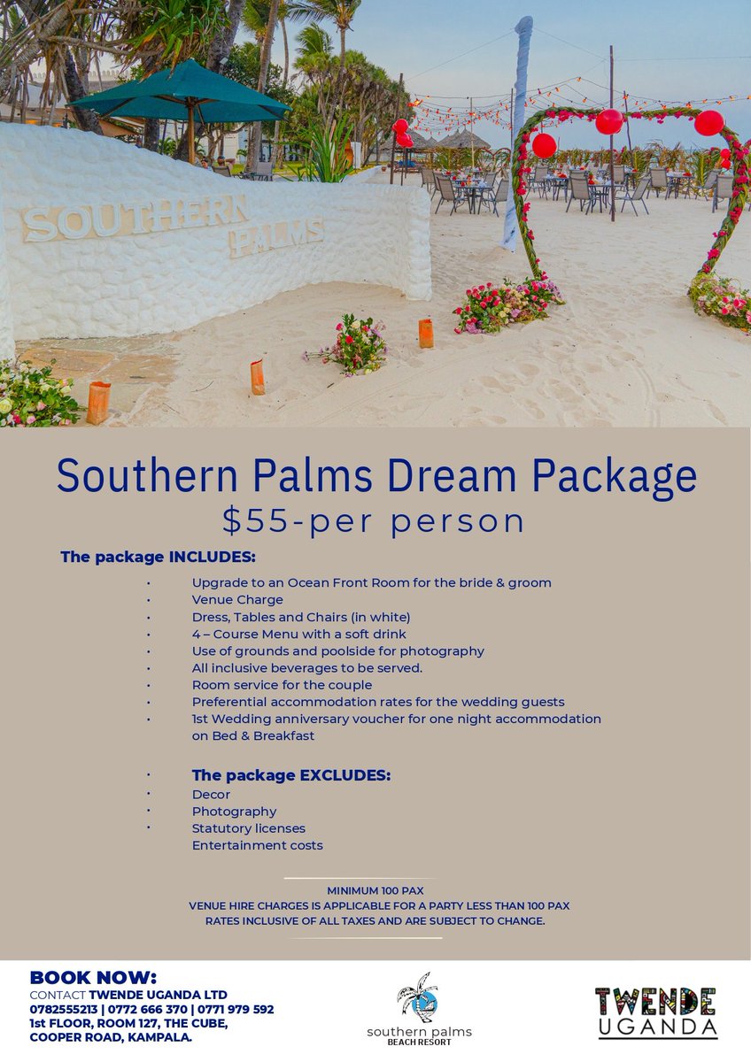 TwendeUganda's tweet photo. Whether it's a small, intimate gathering or a lavish affair, Southern Palms Resort Kenya has you covered with a picturesque venue for your dream wedding or private event

👉 See flier for details on your dream package https://t.co/pZyHFal9jy