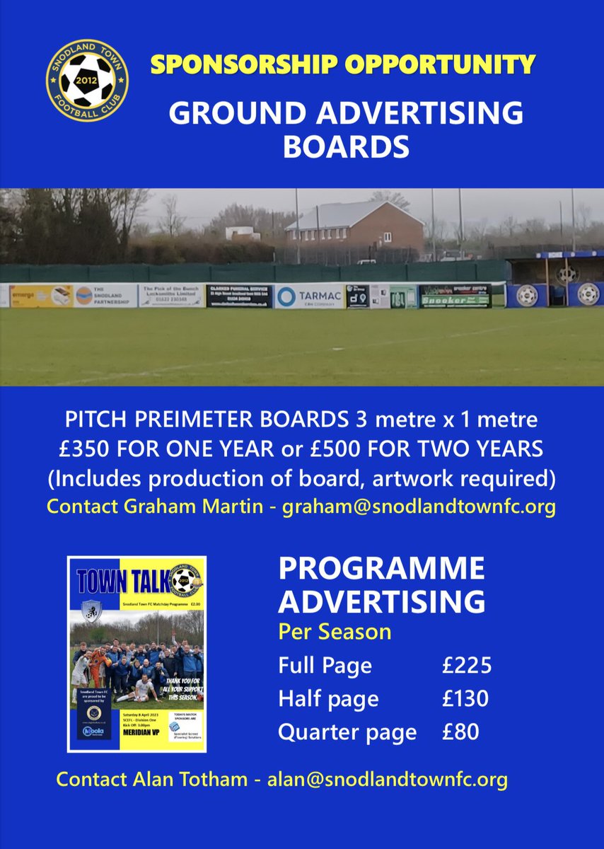 snodlandtownfc's tweet photo. 🔵 SPONSORSHIP OPPORTUNITY 🟡
Here’s the chance to sponsor the largest community football club in the area.
See your business advertised around the ground or in the programme as “THE TOWN” prepare to start life in the @SCEFLeague premier division.
#UPTHETOWN #BlueYellowarmy https://t.co/rugXT9FiaN
