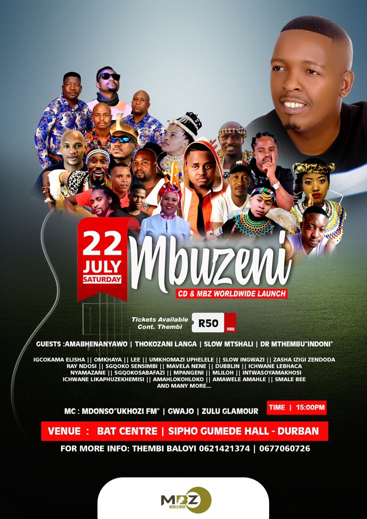 HopeunaMedia's tweet photo. Asambeni!!, it’s MBZ World Wide &amp; Mbuzeni’s Cd Launch 💿🚀🎵💃🔥

Date: 22 July ‘23
Time: 15:00
Venue: Bat Centre, Sipho Gumede Hall, Durban

For inquiries: 0677060726 / 0621421374

Thuli Dr Musa Cyan Kenny Kunene Cassper Sies #MtnDoingWhatITakes 
#RosemaryHitlist #FatalSeduction https://t.co/VnsRt4HHPd