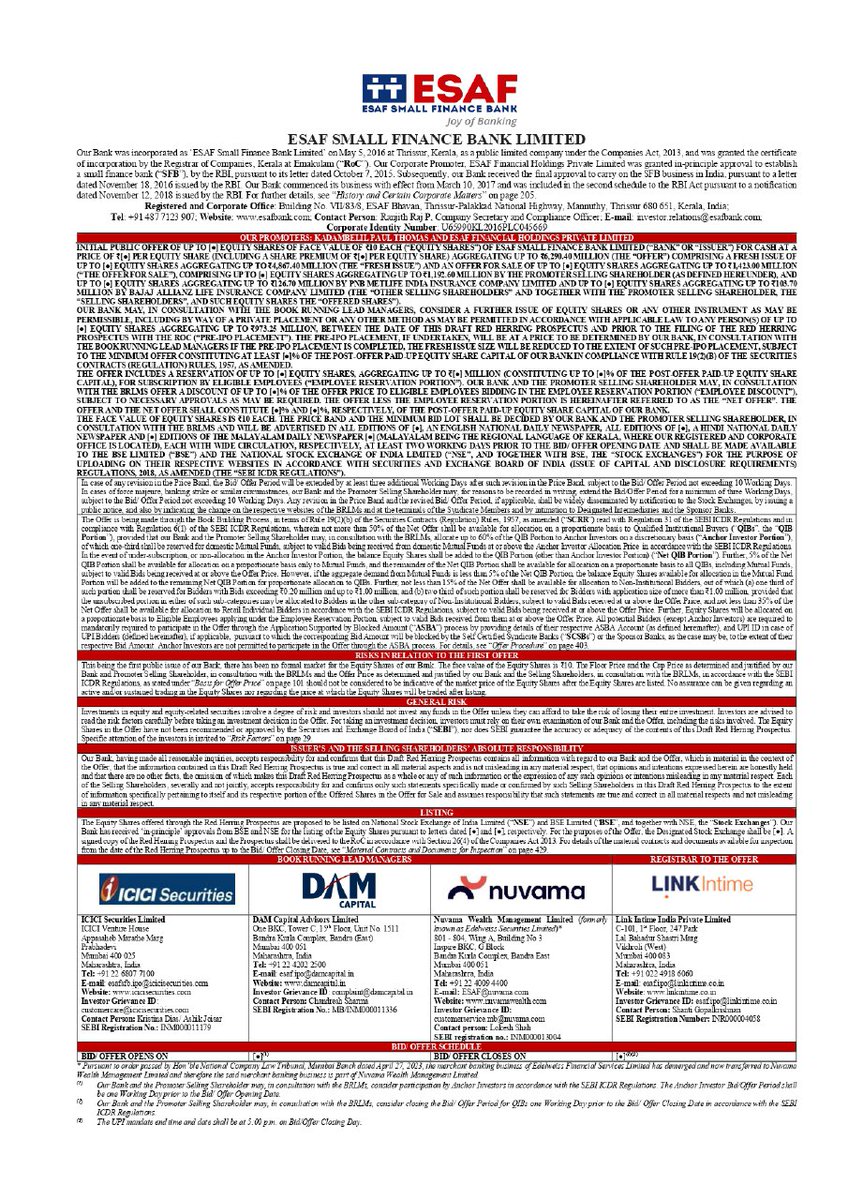 ipo_in's tweet photo. 🚨BREAKING IPO King News🚨

ESAF Small Finance Bank Limited refile DRHP with SEBI

FV : ₹10
Fresh : ₹486.74 Cr
OFS : ₹142.3 Cr
Retail : 35%
Employee : Yes

They may consider pre-IPO King of ₹97.325 Cr reduced from fresh

#IPO #IPOKing #IPOAlert #IPOTracker #ESAFSFBIPO https://t.co/zmLhyh4Una