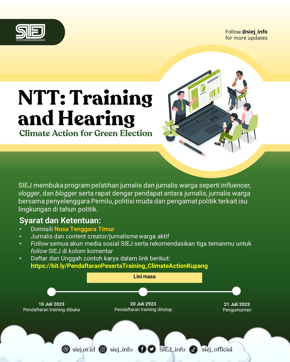 SIEJ_info's tweet photo. Halo sobat-sobat SIEJ di Indonesia Bagian Timur.
Kami membuka Training and Hearing Climate Action for Green Election.
Bagi sobat-sobat SIEJ yang berdomisili di Nusa Tenggara Timur, yuk segera daftr di https://t.co/bJqxebpayq
Salam Lestari
#worskhopjurnalistik #SIEJ https://t.co/XHKHICBzzV