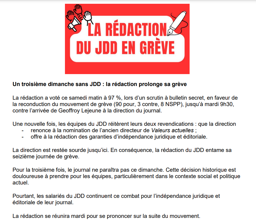 La rédaction du #JDD a voté ce samedi à 97 % en faveur de la reconduction du mouvement de grève. Pour la troisième fois, le journal ne paraîtra pas ce dimanche.⤵️