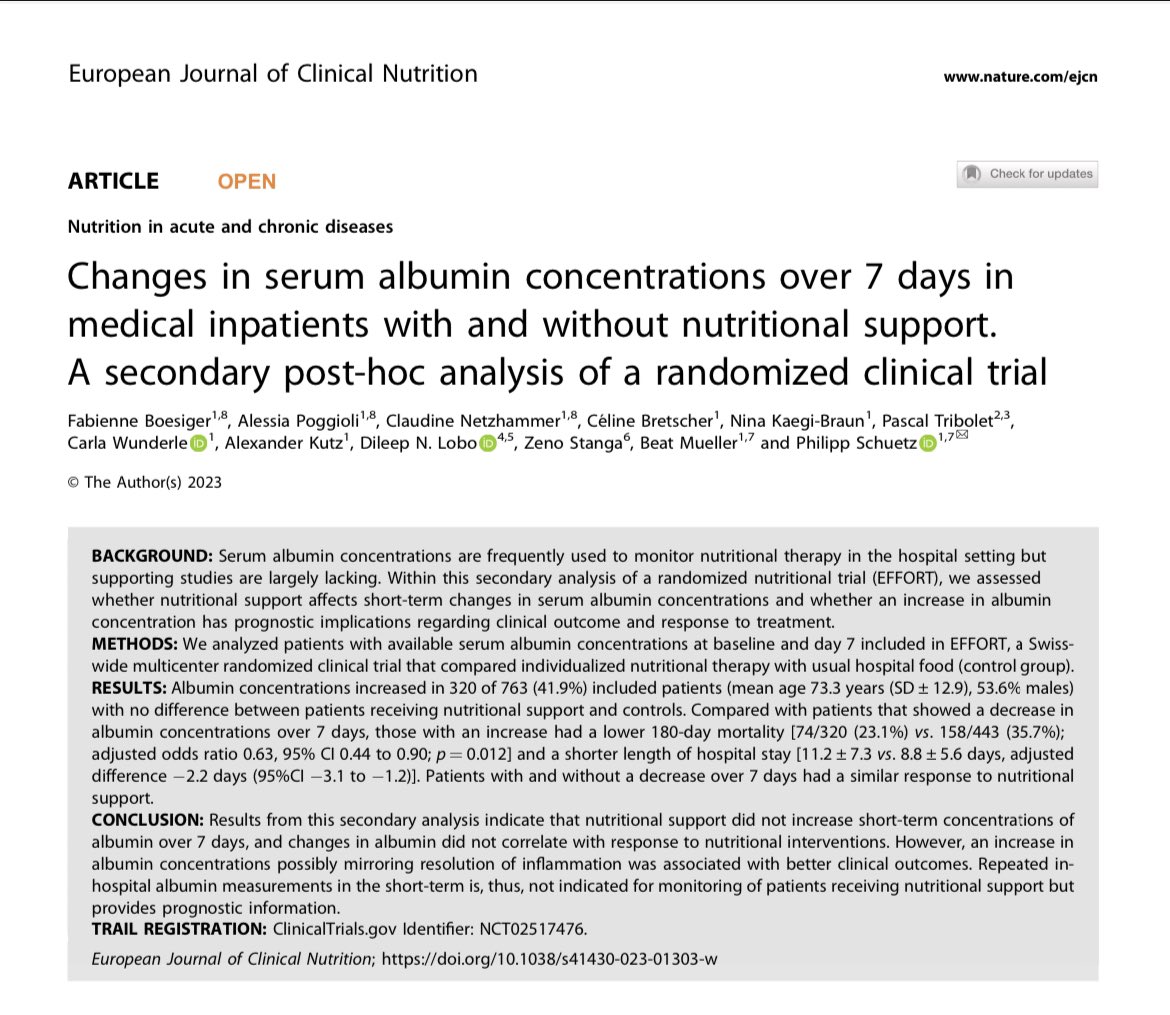rdcu.be/dgl2i <a href="/SchuetzphS/">Philipp Schuetz</a> <a href="/ESPENorg/">ESPEN</a> <a href="/ErasSociety/">ERAS® Society</a> Nutritional support did not increase short-term concentrations of albumin over 7 days. However, an increase in albumin concentrations possibly mirroring resolution of inflammation was associated with better outcomes
